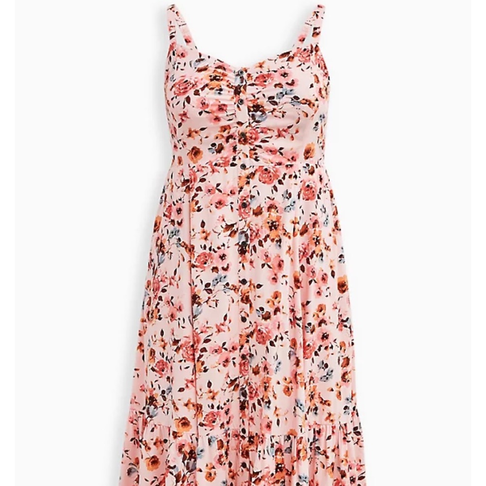 Torrid Challis Floral Pink Button Front Midi Dress - Picture 2 of 3